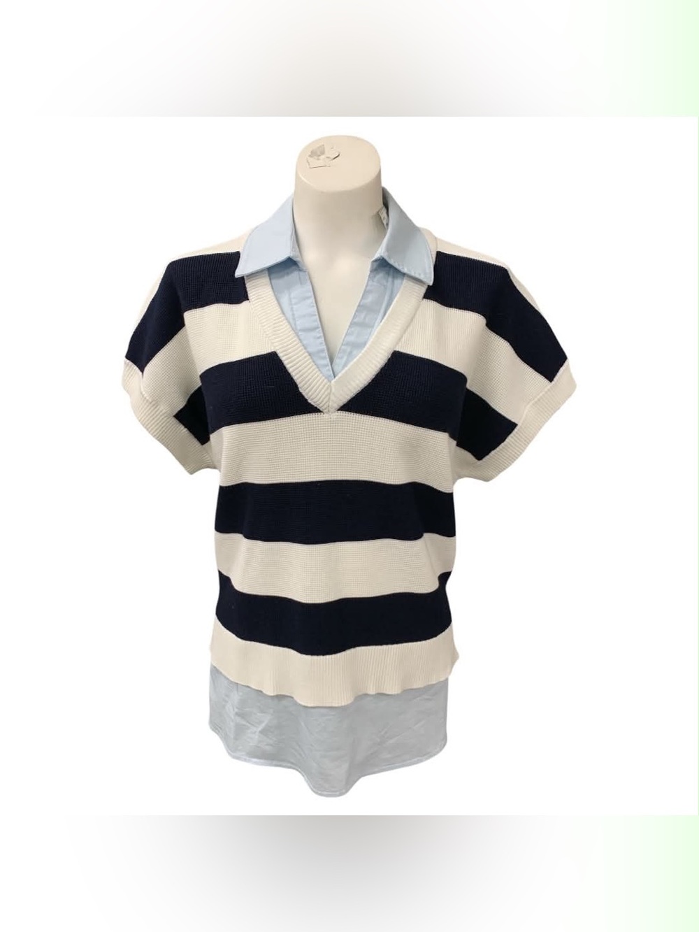 Adrianna Papell Navy and White Striped V-Neck Sweater Vest with Shirt Detail S8